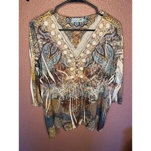 Unity World Wear Woman 1X Blouse‎ Paisley Print Floral Embroidered Trim